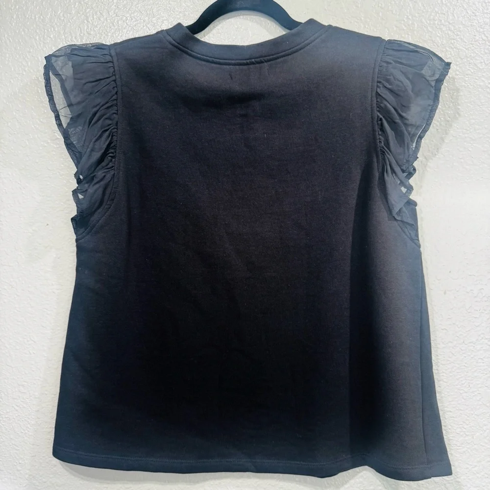 New THML Danica French Terry Black Ruffle Sleeve Top Size Medium - Picture 5 of 10